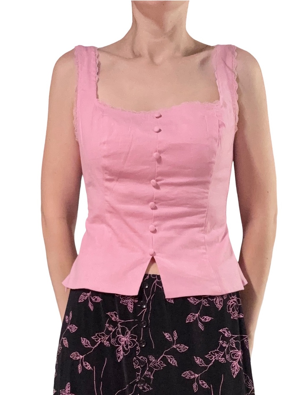 NWT✨ | Milk & Honey | Pink Faux Button Front Lace Trim Tank Top